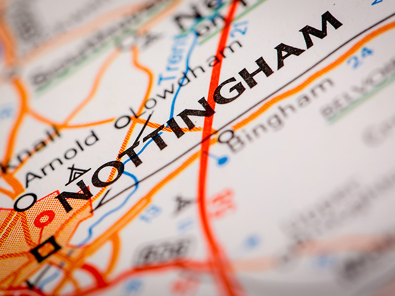 Closeup road map of Nottingham.